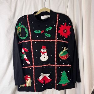 Petite Projections 90s vintage‎ ugly Christmas mockneck cotton top grid Sz Med